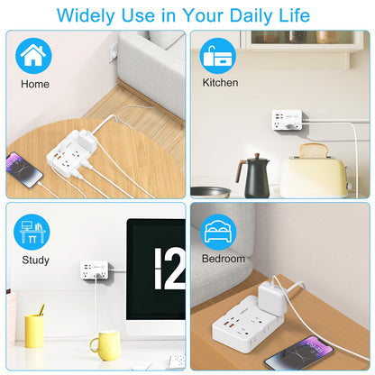 Flat Plug Power Strip Surge Protector, 5ft Ultra Thin Extension Cord with 4 USB Wall Charger(2 USB C Port), 6 Widely-Spaced Outlets Power Strip Compact for Travel, Office, Dorm Room Essentials (White)