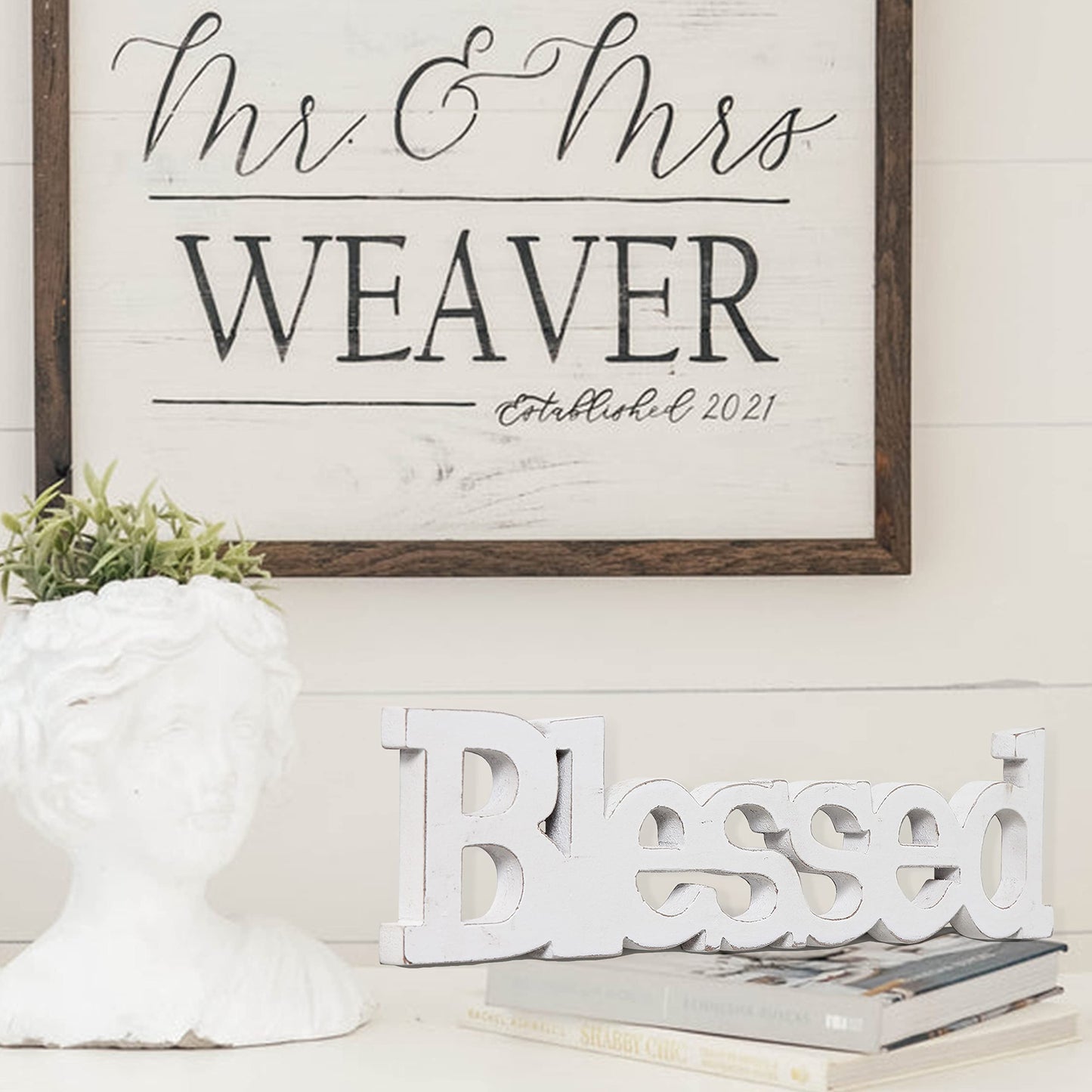 Sintosin Farmhouse Wood Blessed Sign for Table 15", Hanging Distressed White Wall Decoration, Rustic Blessed Signs for Home Decor, Thanksgiving Christmas Signs Decor for Living Room