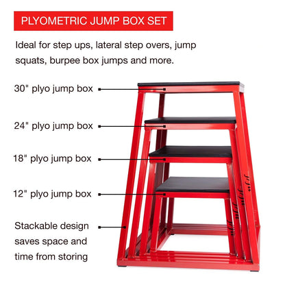JFIT Plyometric Jump Box Set of 4 - 12", 18", 24", 30", Red/Black