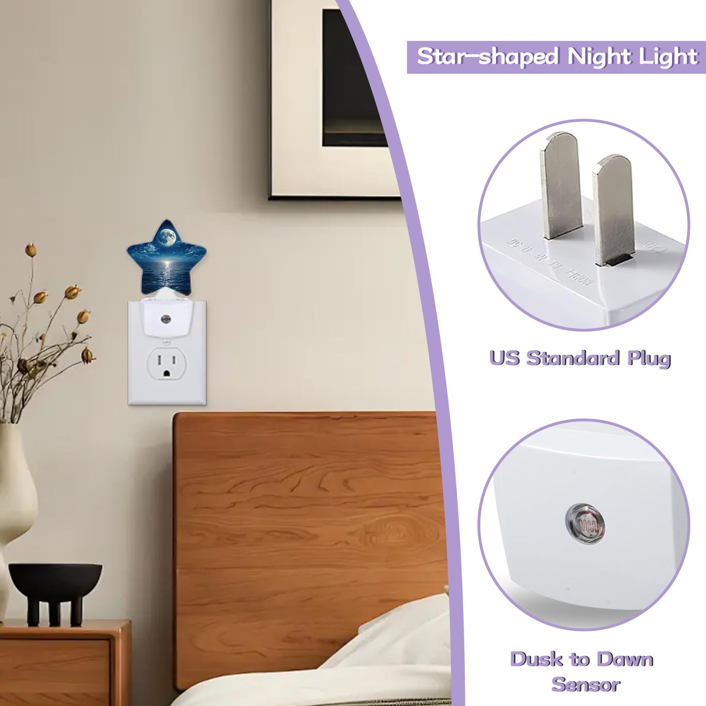 Moonlit Decorative Nightlight Plug in Wall,Ocean Starry Sky Star Shaped Night Light with Built in Sensor for Home Decor,Kitchen Hallway Stairs Desk Lamp