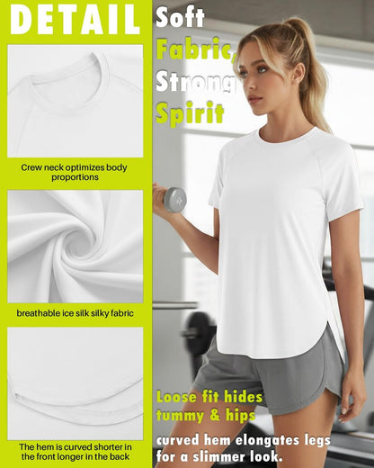 JoyMotion 4 Pack Women's Workout Shirts Quick Dry Athletic Tops Short Sleeve Loose Gym Yoga Running Tee Curved Hem Side Split(X-Large,Black, Sky Blue, Light Pink, White)