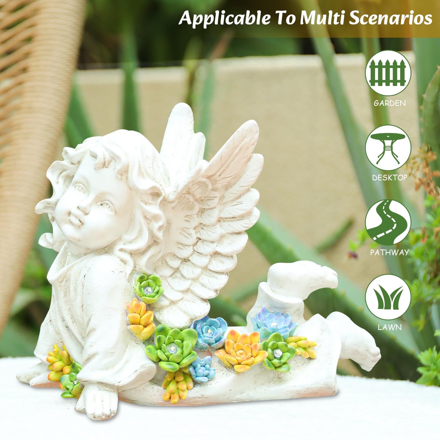 Solar Cherub Angel Outdoor Garden Decor Statues - 7 inches Baby Angel Figurines Outdoor Sculptures with Succulent, Garden Statues for Outside, Patio, Balcony, Lawn Ornaments or Housewarming Gift