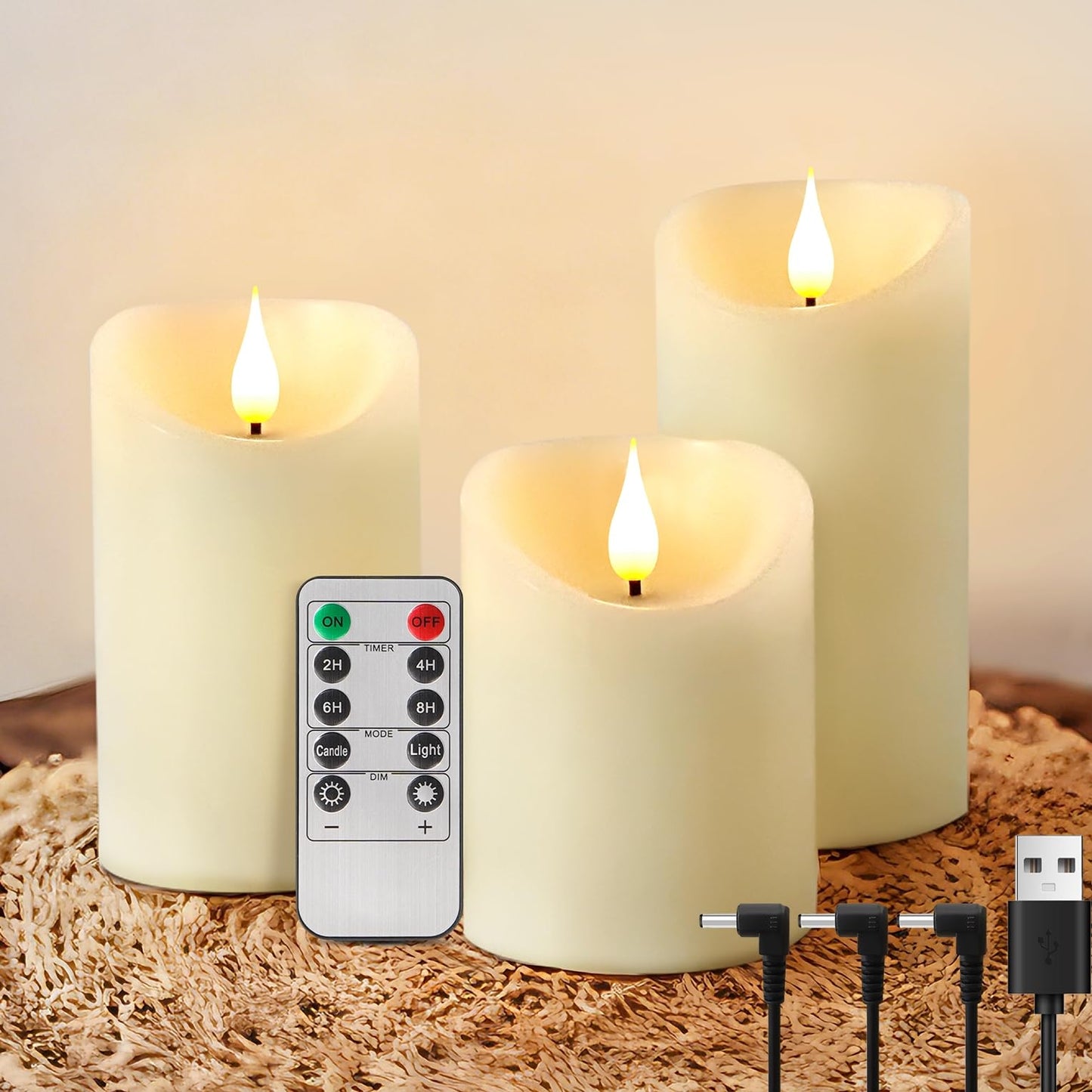 Rechargeable Candles with Remote - LED Pillar Candles with USB Charging Cable, Real Wax Flameless Candles for Lantern Romantic Home Decor, Φ 3" H 4" 6", 3 Pack for Halloween Decor
