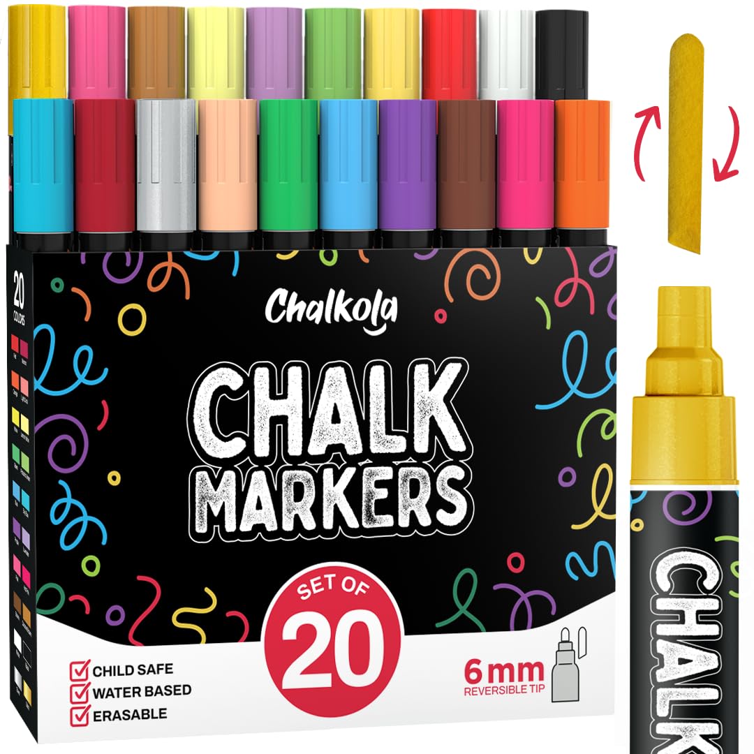 Chalkola 20 Liquid Chalk Markers for Blackboard (6mm Reversible Tip - Neon, Pastel, Metallic Dry Erase Marker) | Washable Chalk Pens for Chalkboards, Window, Car, Glass - Erasable Chalkboard Markers