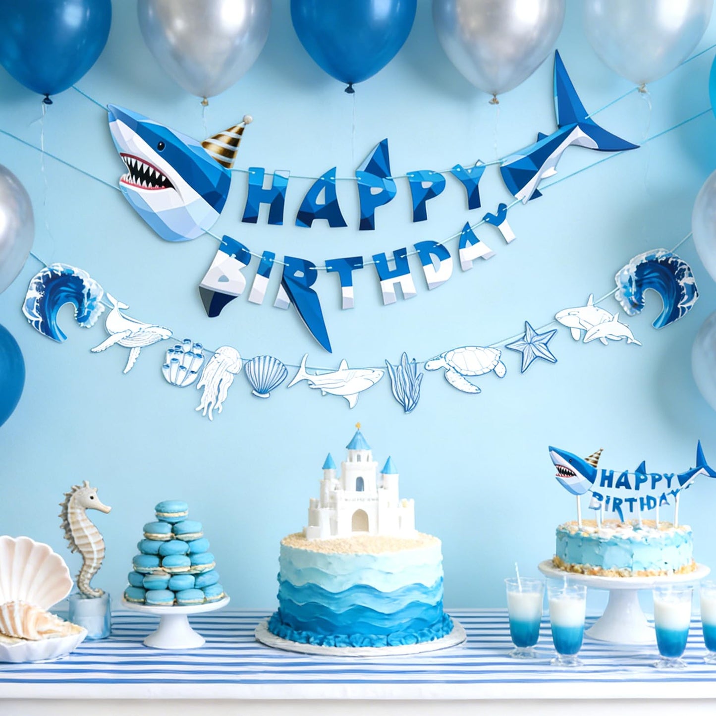 SUNBEAUTY Shark Birthday Party Decorations Shark Happy Birthday Banner Ocean Theme Hanging Shark Garland Under The Sea Pre-strung Shark Birthday Banner for Boys Baby Shower Beach Summer Pool Party（Blue）