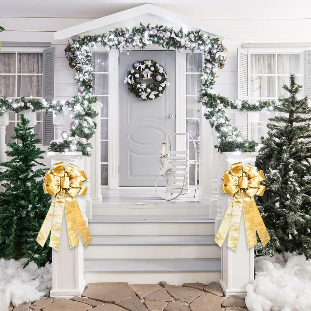 Hying Large Christmas Bow for Wreath, Champagne Velvet Bows for Front Door Wall Fence Decor, Gilt Edged Christmas Wreath Bow Tree Topper Bow for Winter Christmas Party Decoration Supplies