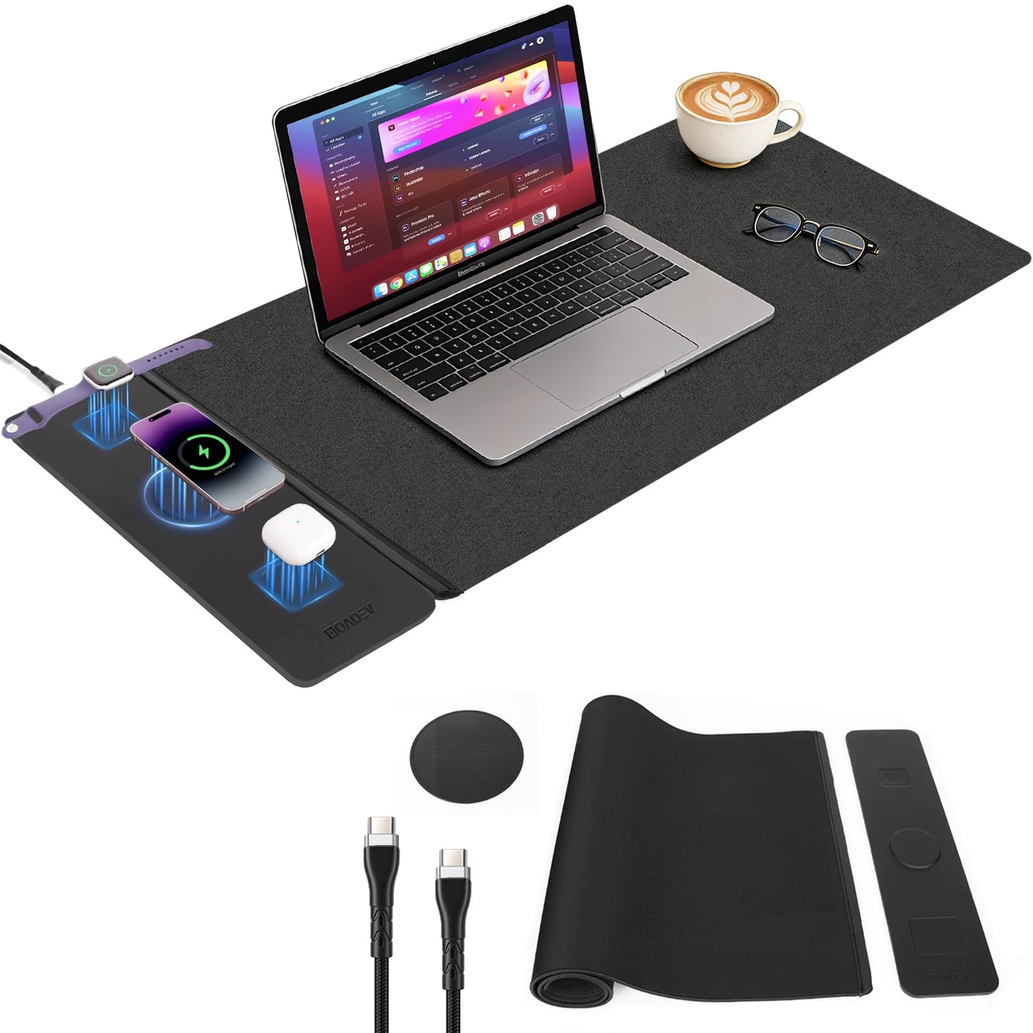 Wireless Charging Mouse Pad with 2nd Gen Tech, 3-in-1 25W Fast Charger, Replaceable Rubber & Microfiber Leather Desk Mat, Large Waterproof Desk Pad for Office & Gaming(Leather Mat& Coasters)