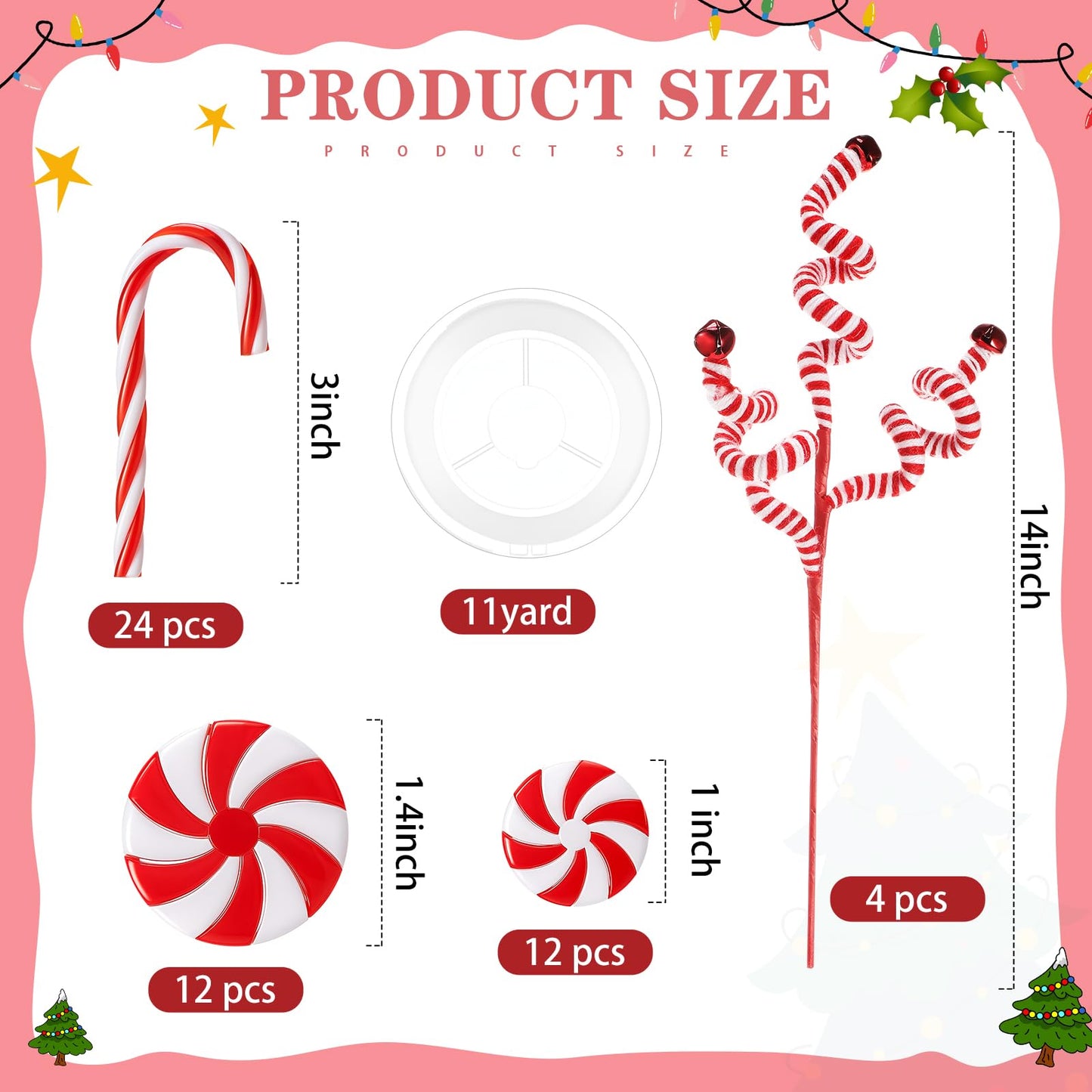 Yunlly 52 Pcs Christmas Candy Canes Ornament Gift Woolen Bells Curly Pick Fake Candy Hanging Ornament with Crystal Wire Christmas Tree Picks for Xmas Home Tree Decor