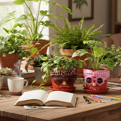 SiliFine 6 Sets Funny Plastic Pots for Crafts Lady Face Flowerpots Include 6.6 Inch Planters Hair Band Decorative Glasses Wood Particle Lip Stickers Glue Points for DIY Crafts Garden Decor