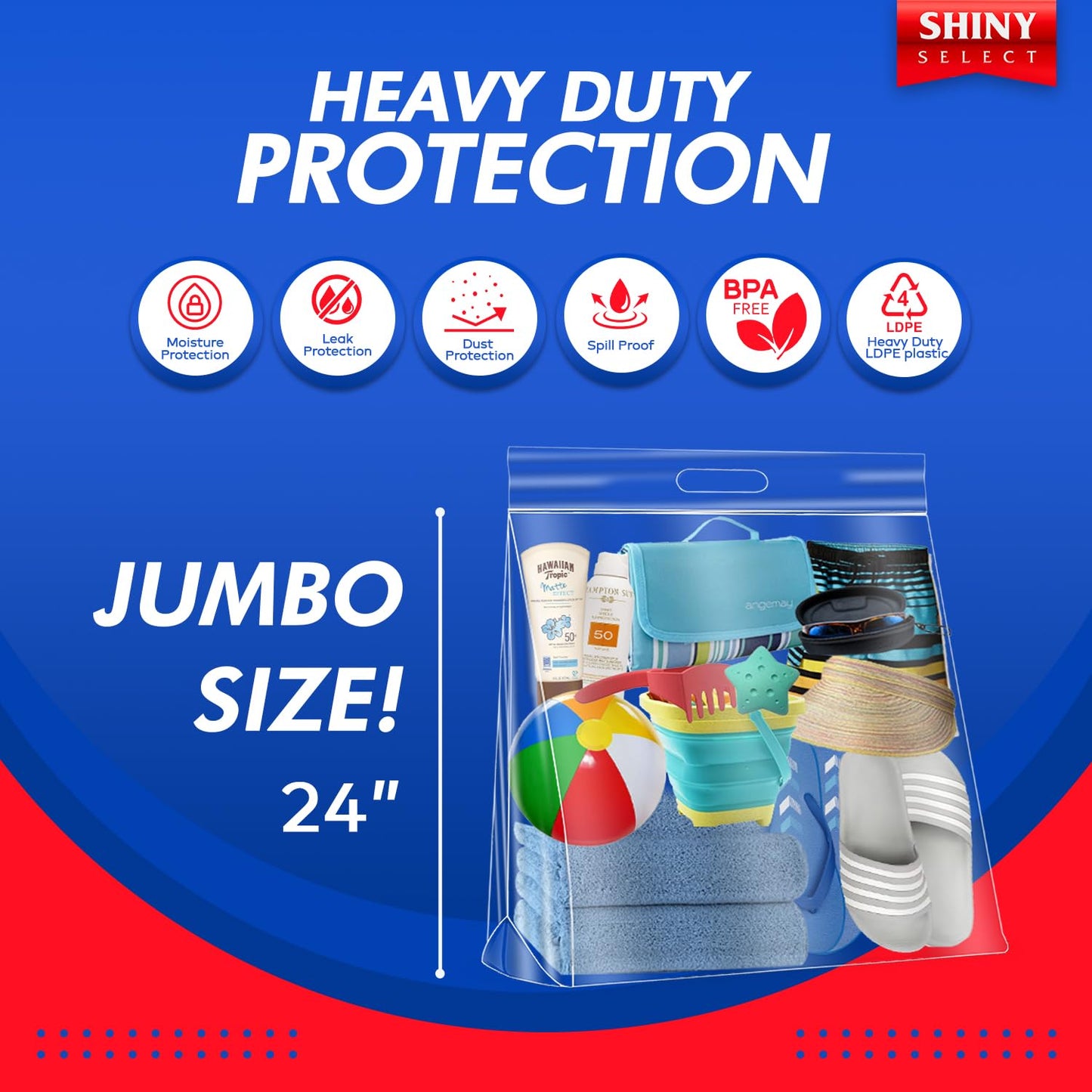 10 Gallon Jumbo Storage Bag With Handle & Resealable Zipper Top Huge Size 24" x 24",12 Clear Big Plastic Bags Extra Large XL, 4 Mil Thick Heavy Duty for Linen, Baby, Sports
