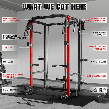 Goimu R1-V4 Power Cage Rack, 2000LB Squat Rack with Cable Crossover System, Multi-Function Weight Cage, Home Gym Workout Machine with More Training Attachments (Red R1 Power Cage)
