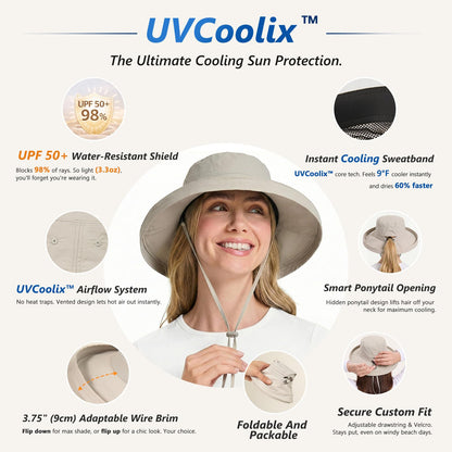 TOP-EX UVCoolix™ Cooling Sun Hat Women Ponytail Hole UPF 50+ Wide Brim Water Resistant Breathable Packable Hiking Beach (US, Alpha, Small, Medium, Green)