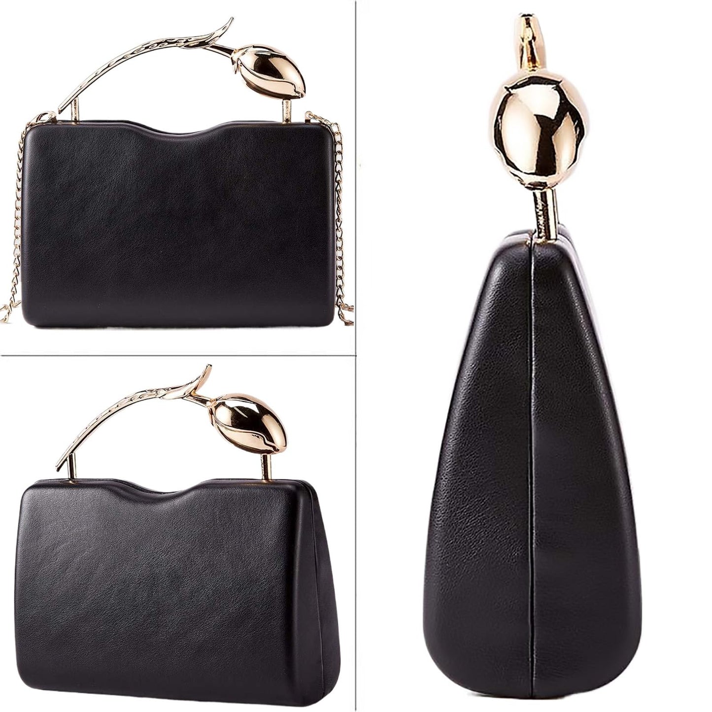 louceko PU Leather Handbag Detachable Chain Crossbody Shoulder Evening Bag Clutch Purse for Women Formal Wedding Party Prom, Metal Rose Handle, Black, 2510