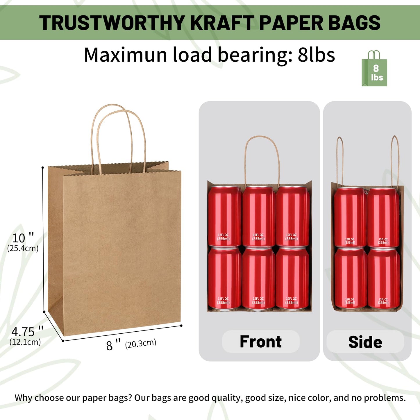 Mlyta 200 Pack 8x4.75x10 Inch Plain Medium Brown Kraft Paper Gift Bags with Handles Bulk for Goodie, Party Favor Brithday Grocery Shopping, Business Wedding Retail Craft Treat To Go, Merchandise Sacks