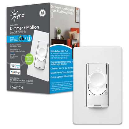 GE CYNC Smart Dimmer Light Switch & Motion Sensor, No Neutral Wire Required, Bluetooth and WiFi 3-Wire Switch, Works with Amazon Alexa and Google Home, White (1 Pack)