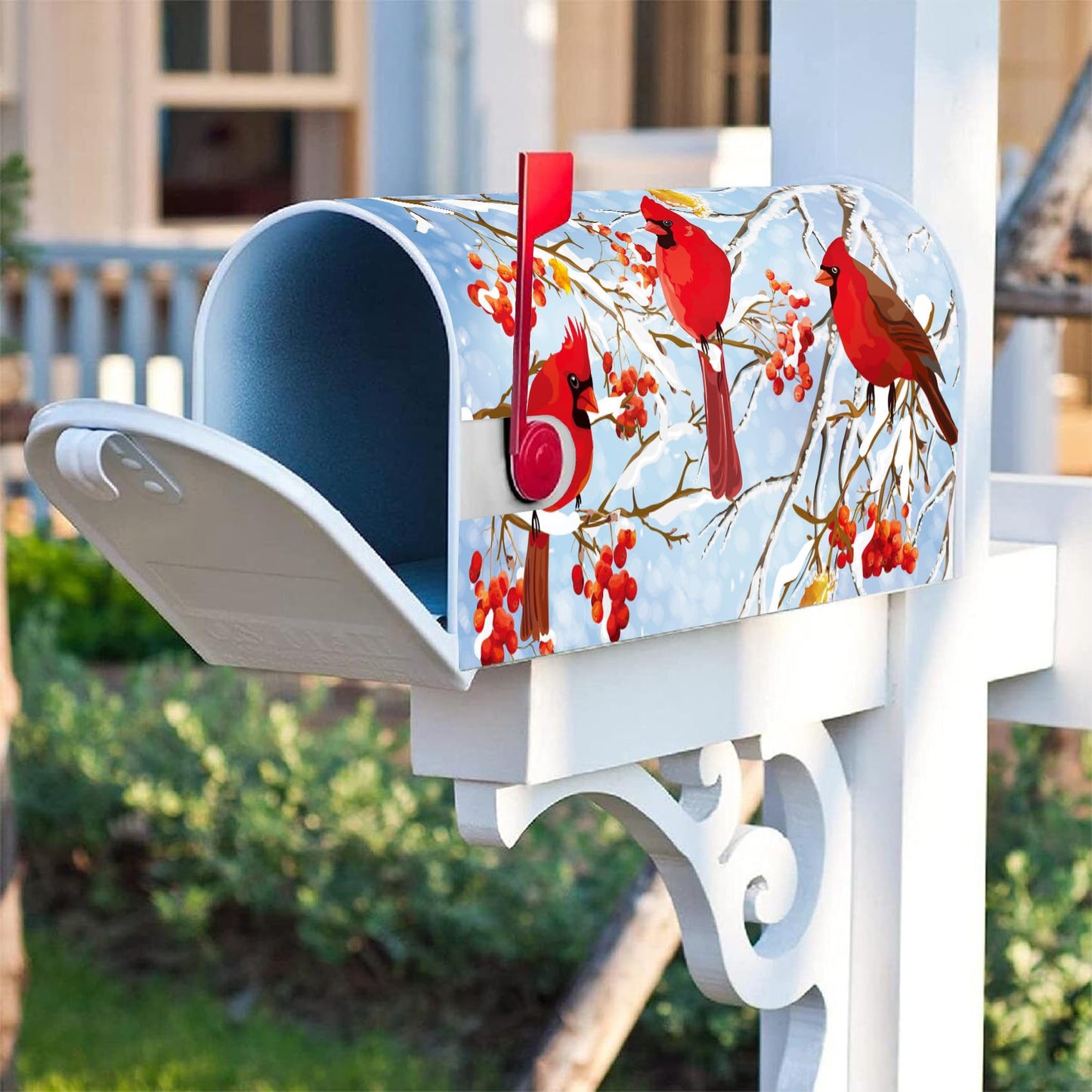 Texupday Winter Cardinal Trio Berries Decoration Mailbox Cover with Magnetic Strip Christmas Holiday Mailbox Wraps Post Letter Box Cover Standard Size 21" X 18" for Garden Outdoor Yard Decor