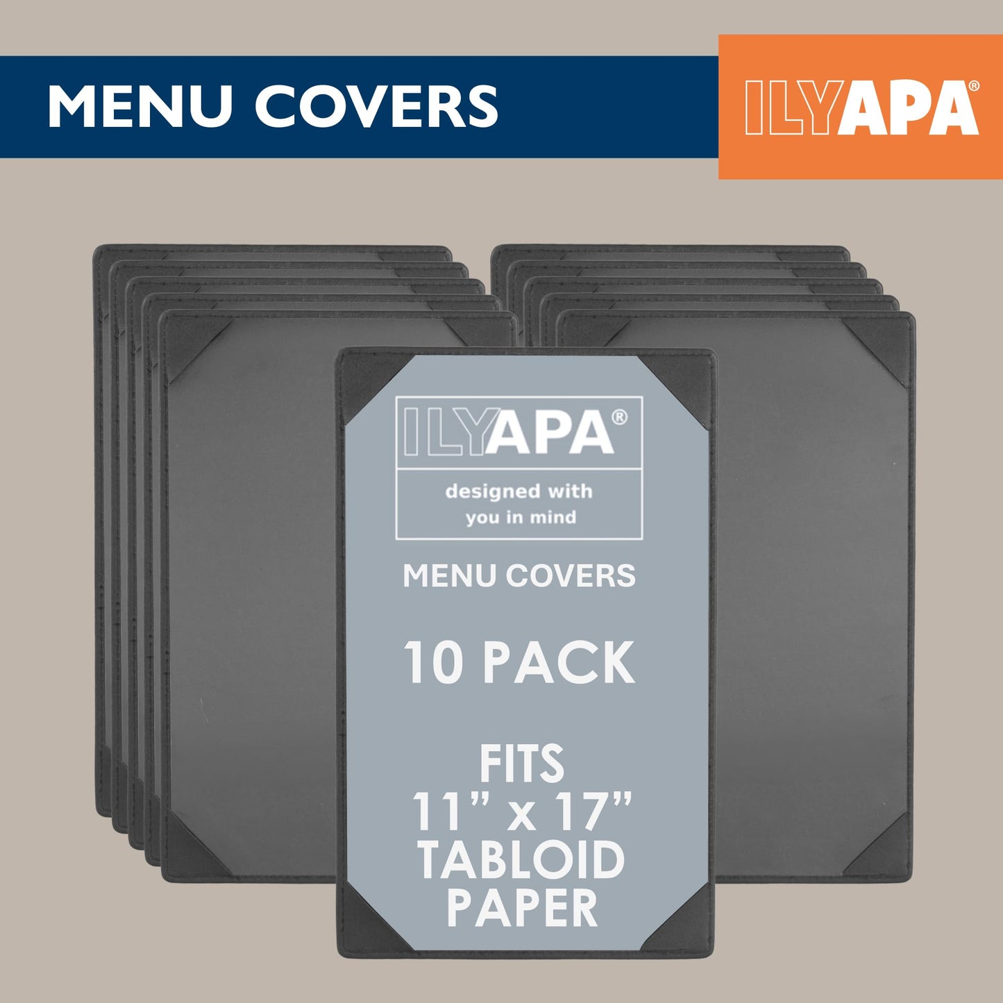 Ilyapa 10 Pack Restaurant Menu Covers 11 x 17 - Vinyl Leather Menu Holder, Single Sided Book with Corner Sleeves for Display of Wedding Menus, Weekly Kitchen Specials & Bar Drinks for Table Top