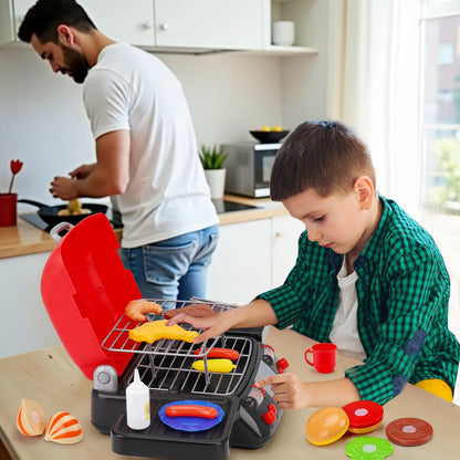 Kids Grill Playset Kitchen Toys with Apron Hat for Cooking Food Smoke Light Outdoor Pretend Play Accessories BBQ Outside Camping Barbecue Toddler Boy Toy 2 3 4 5 Year Old 4-8 Birthday Gift Valentine