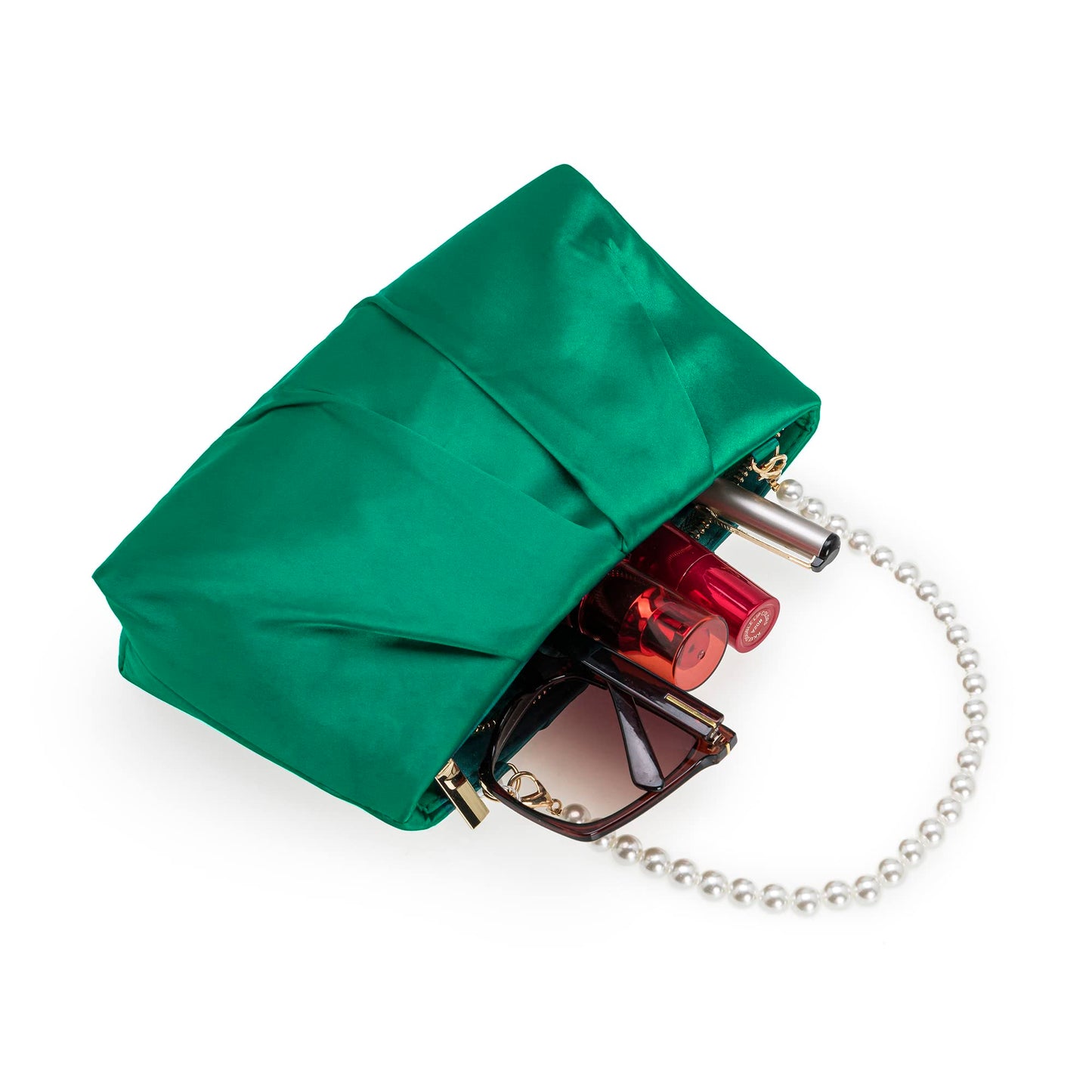 CHARMING TAILOR Evening Bag Women Wedding Party Handbag Small Dressy Formal Purse Pleated Satin Clutch (Green)