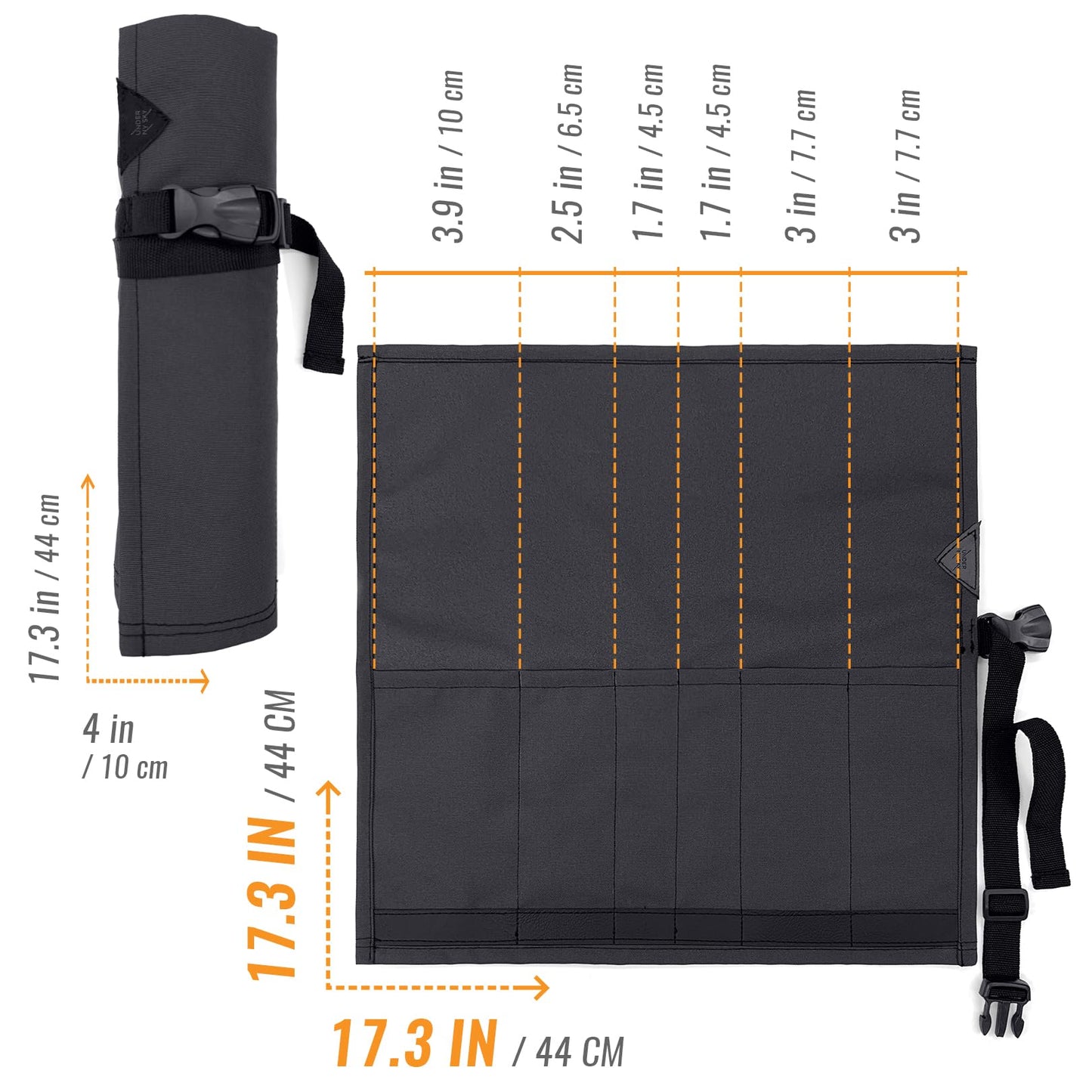 Under NY Sky Knife Roll Case - 6 Slots - Heavy Duty Oxford Canvas Pouch - Leather Reinforced - Portable Bag for Cooking Tools, Utensils, Cutlery Knives, Brushes - Chefs, Kitchen, Travel, Gift - Gray