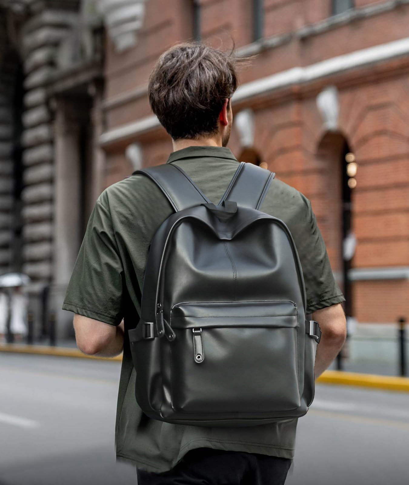 MOYYI Leather Backpack for Men Black Large Backpack Fit 15.6inch Laptop Rucksack Waterproof for business Commute Casual Daypack