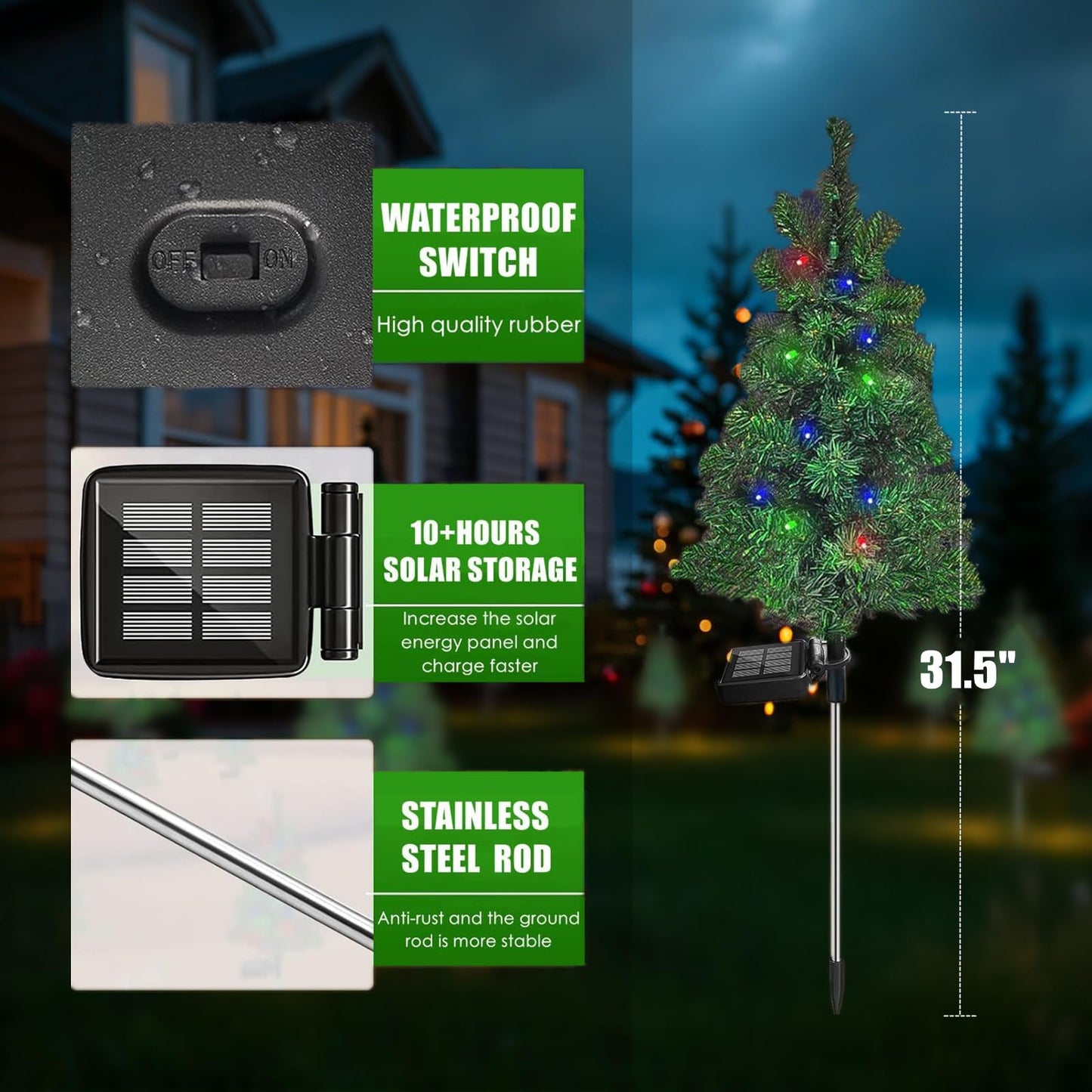 4PCS Solar Christmas Tree Garden Stake Lights Outdoor Waterproof Pathway Lights Xmas Tree Light for Lawn Patio Yard Front Porch Christmas Decor