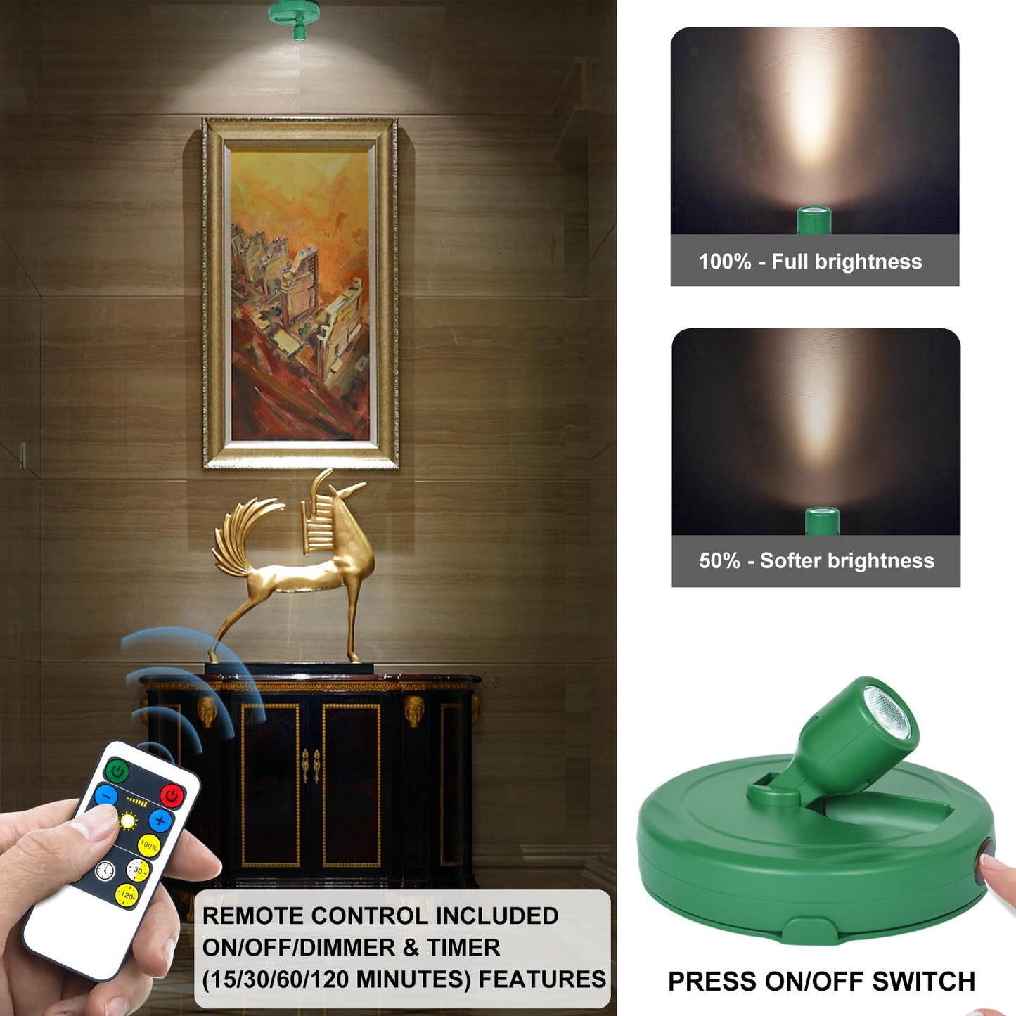HAMVIDNE LED Spotlight, Battery Powered Picture Lights, Uplight Indoor, Puck Lights with Remote, Plant Spot Light for Wall Art Display Dartboard Painting Artwork Accent Closet-Green