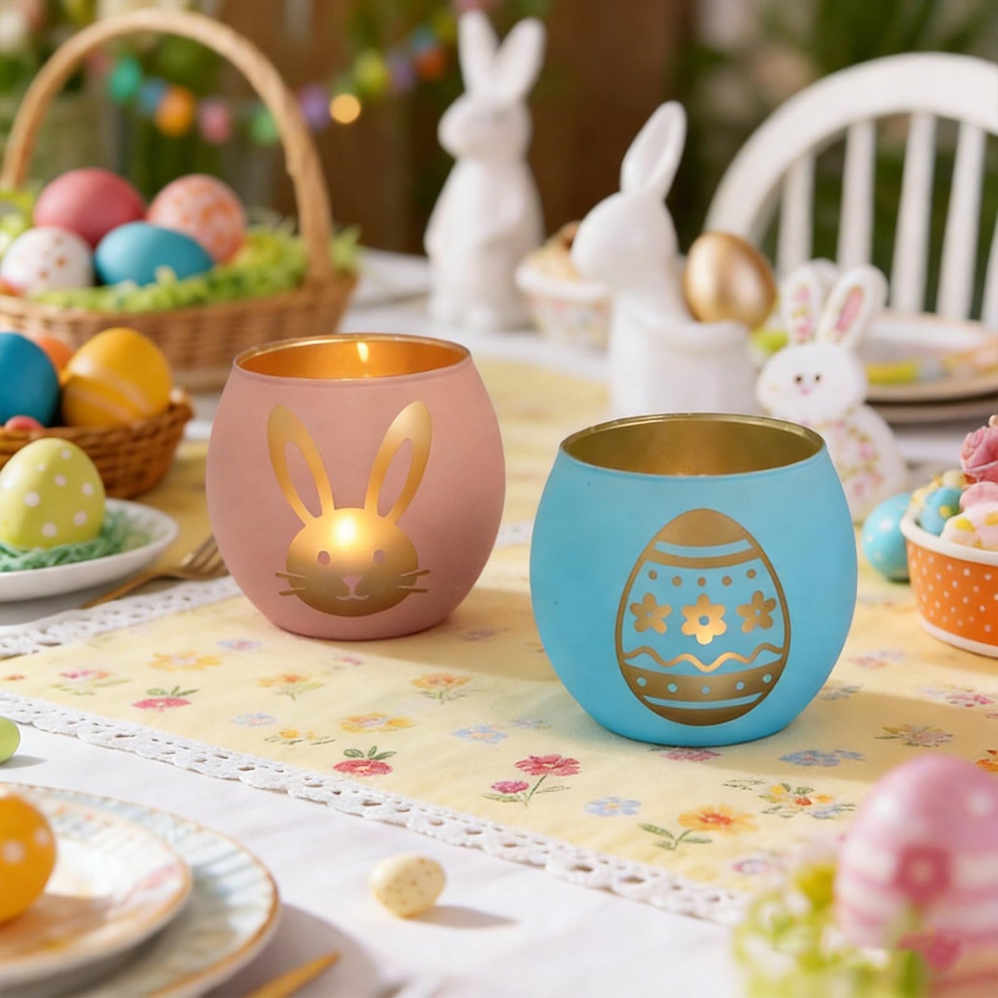 Easter Glass Candle Holders Set of 4, Pastel Tealight Holders with Gold Bunny, Chick & Egg Designs, Decorative Votive Candle Holders for Easter Table Centerpiece, Spring Home Decor & Gifts