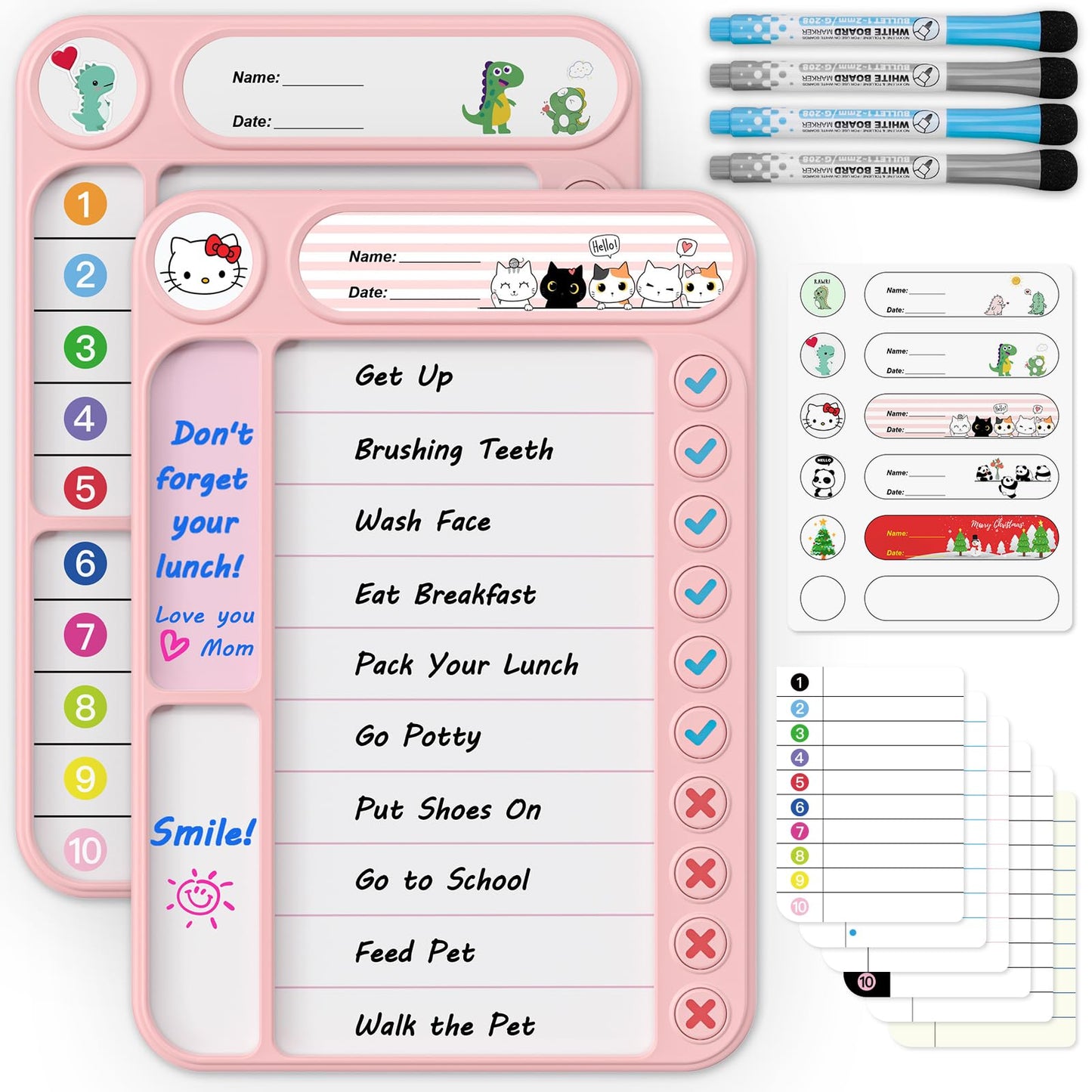 2-Pack Magnetic Chore Chart for Kids, ADHD Task Tracker Easy-Check Routine Dry Erase Board, to-Do List Planning Tool with Stand for Fridge/Desk/Home/School, 6 Reusable Sheets, 4 Markers Pink