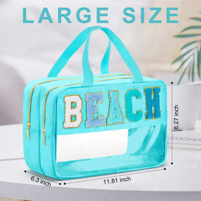 Pinkunn Large Clear Chenille Letter Bag Double Layer Makeup Patches Cosmetic Bag Zipper Pouch for Travel Waterproof Nylon Toiletry Makeup Supplies for Women Girls(Teal,Beach)