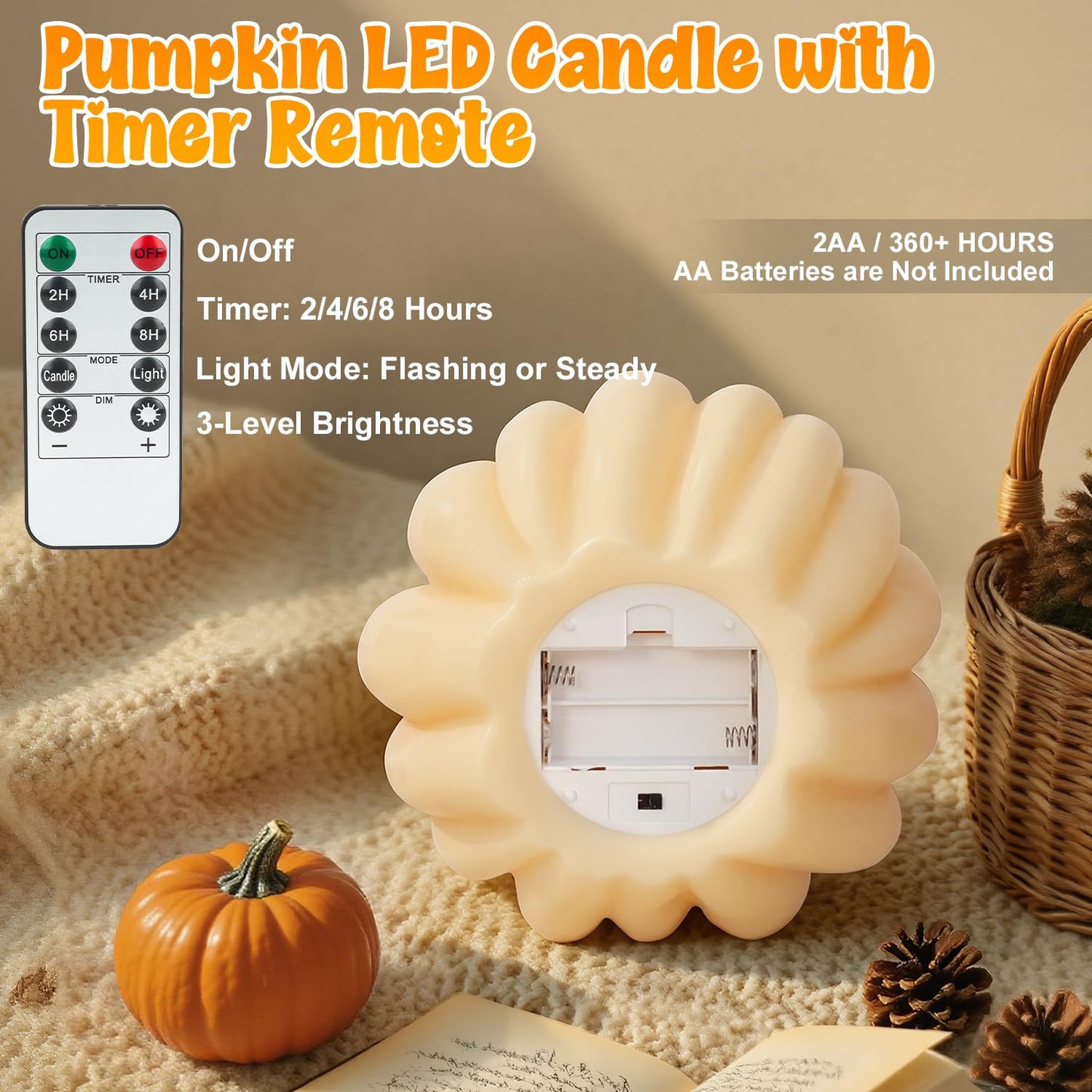 Flameless Pumpkin Candles with Timer - Fall Home Decor Indoor, LED Light Up Pumpkins for Mantel Table | Flameless Candle Thanksgiving Fall Decoration, Autumn Farmhouse Rustic Harvest Decor (White)