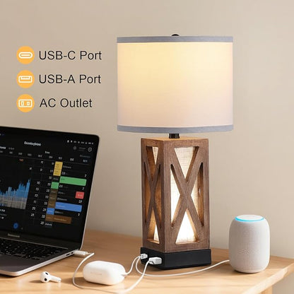Set of 2 Wood Table Lamp, Vintage Nightstand Lamp with USB Charging Ports A/C, Farmhouse Bedside Lamps for Living Room