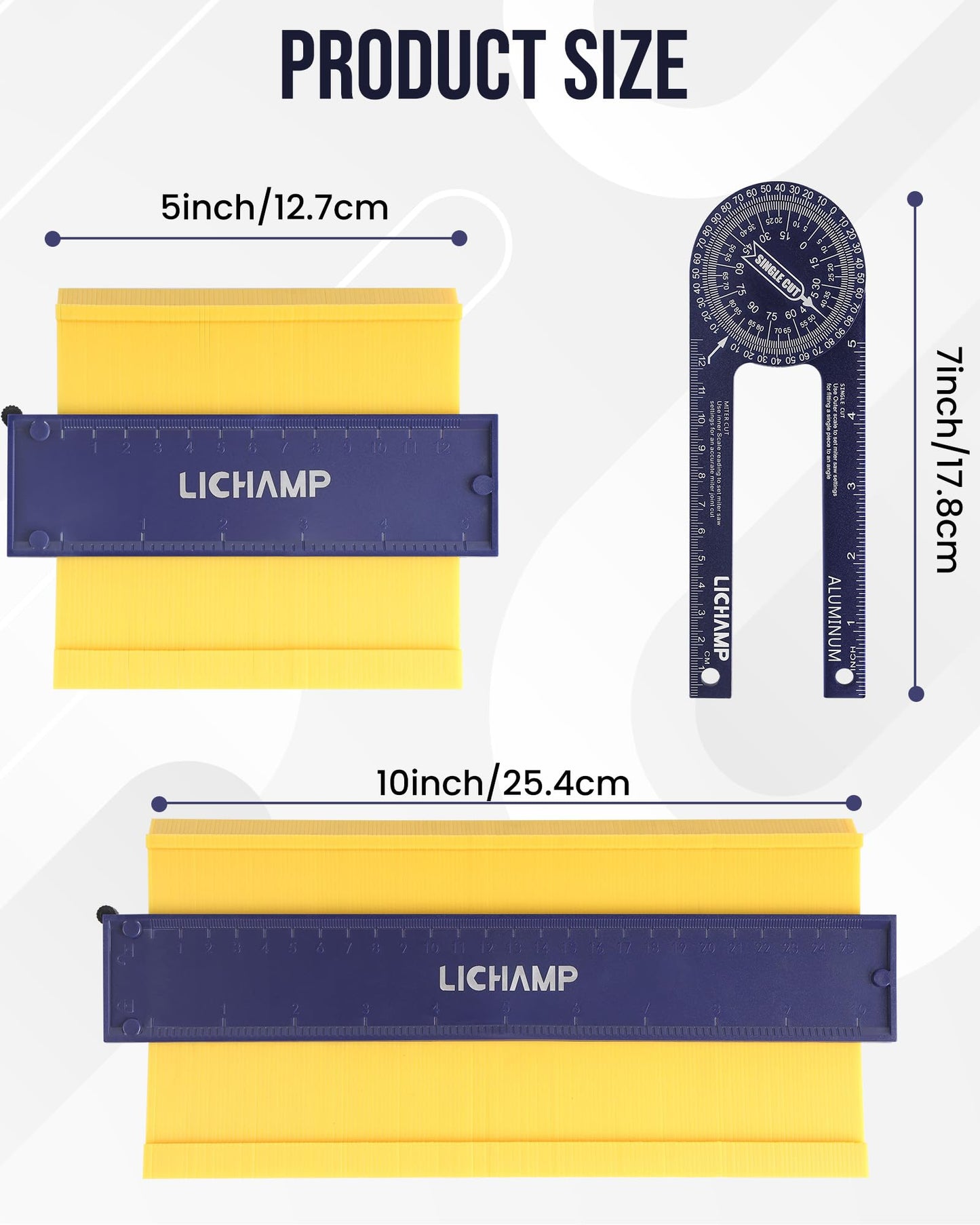 Lichamp Contour Gauge Profile Tool 5" 10" with Miter Saw Protractor Angle Finder 7", Super Gauge Shape and Outline Tool with Aluminum Miter Cut Protractor