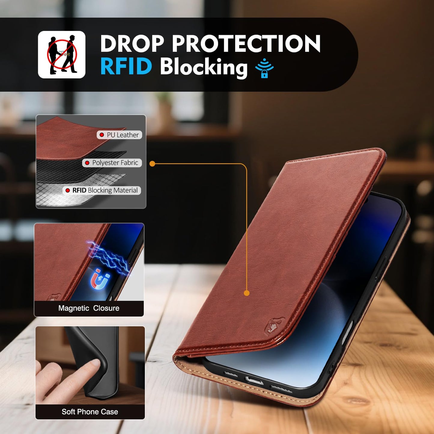 Scutumate Compatible with iPhone 17 Case Wallet with Card Holder [4 Card Slots] Kickstand [RFID Blocking] PU Leather Phone Case Flip Folio Protective Cover TPU Shockproof,for Apple 17 6.3",Brown