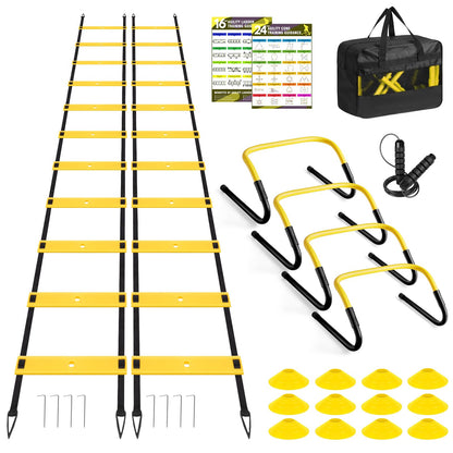 BORNEW 2 Pack Agility Ladder, Soccer Speed Training Equipment Set with Total 26 ft Agility Ladder, 12 Cones, 4 Adjustable Hurdles, Jump Rope, for Soccer, Basketball, Football, Kids, Youth, Adults