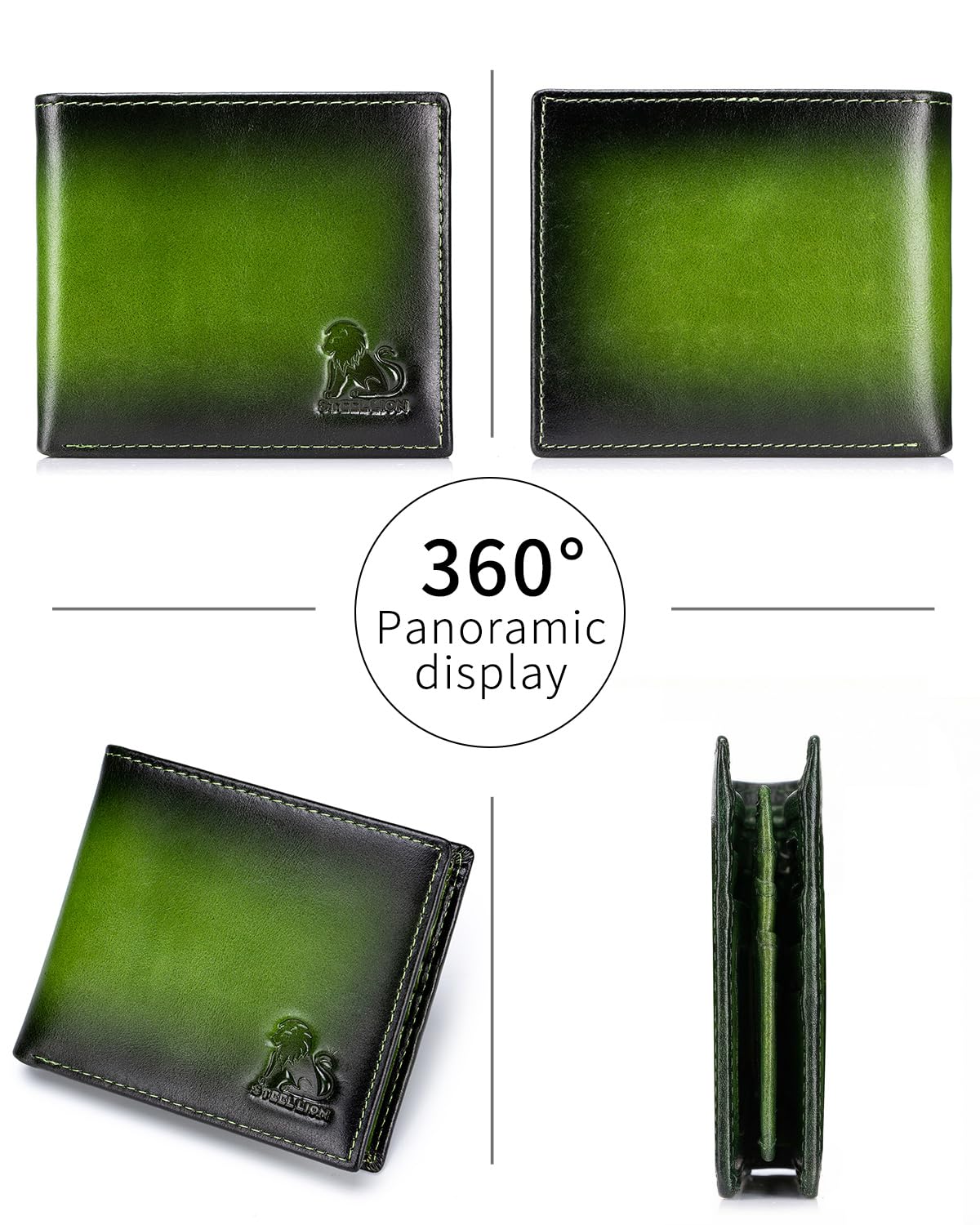 STEELLION Leather Wallets for Men, Cowhide Mens Bifold Wallet RFID Blocking with 2 ID Windows, Zipper Pocket (Green)
