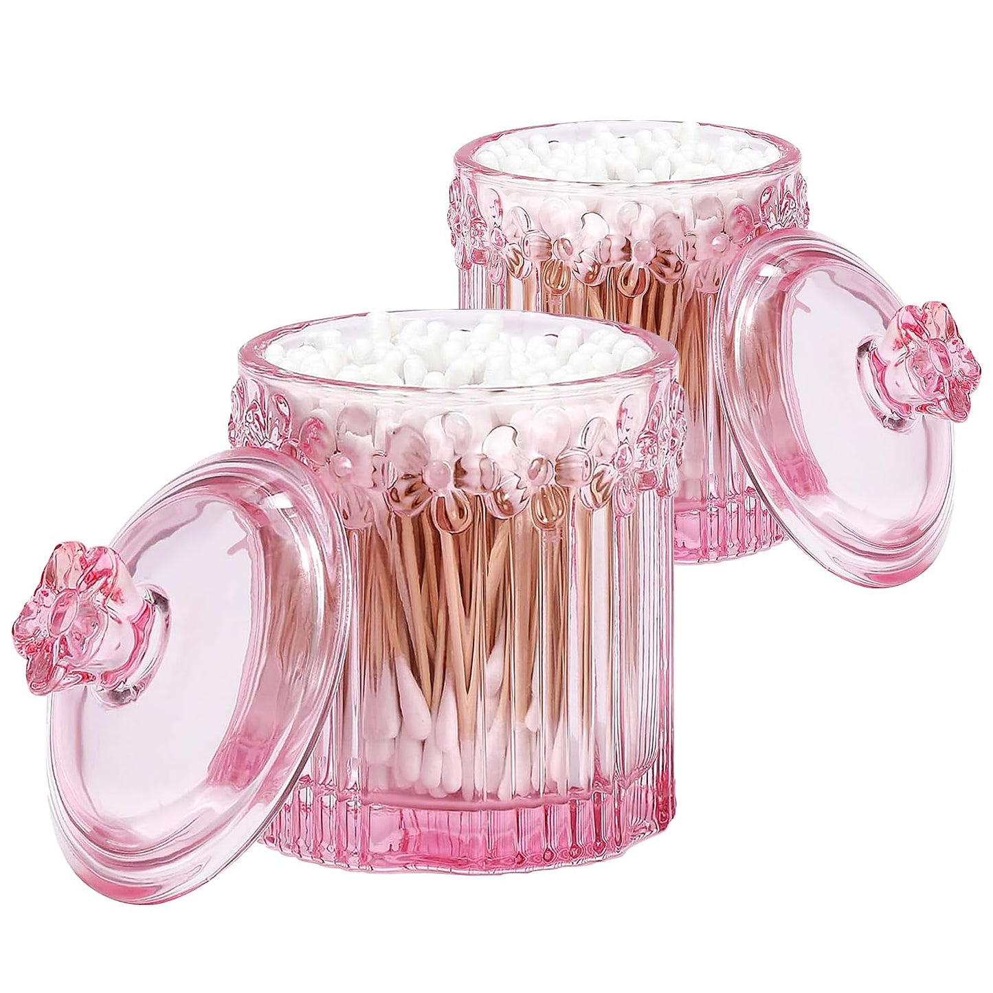 2 Pack Qtip Holder Glass Bathroom Storage Canisters for Cotton Rounds, Apothecary Jars with Lids, Cute Crystal Beauty Eggs Makeup Pads Dispenser, Candy Container Floss Organizers (Pink)