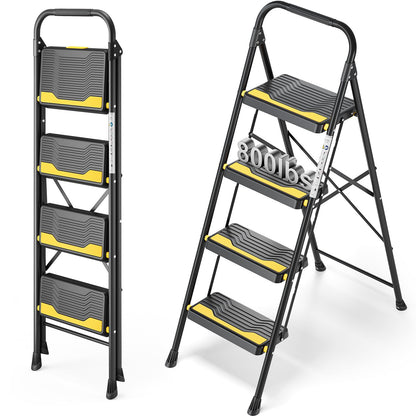 Urackify 4 Step Ladder, Heavy-Duty Pass 800lb Capacity Test, Wide Anti-Slip Steps & Secure Handrail Compact, Folding Step Stool Portable Design for Home, Kitchen, Office, Pantry, Closet Use, Black
