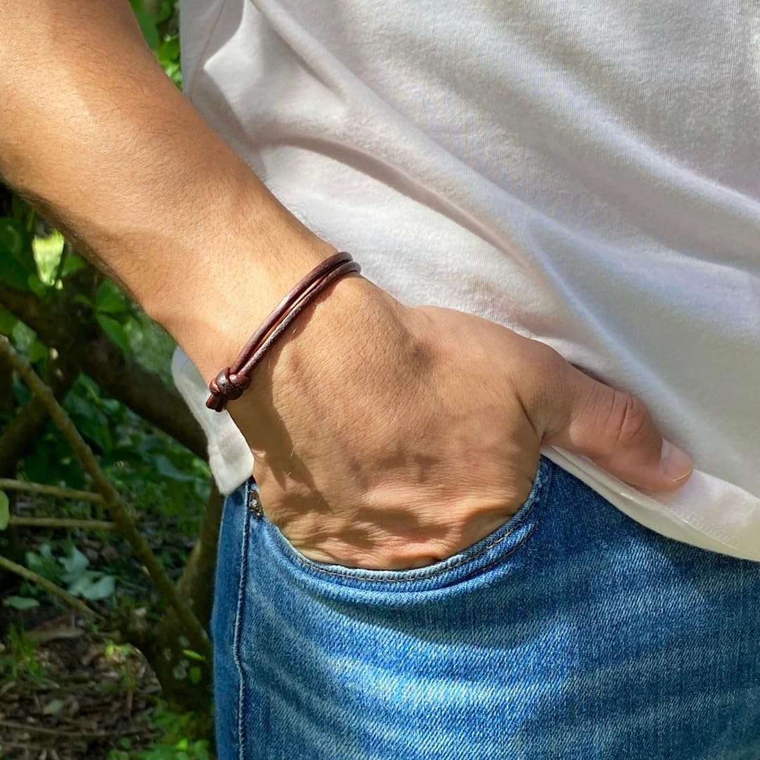 3 mm Men Genuine Leather Bracelet - Handmade Adjustable Cuff, Mens Minimalism Leather Wrap Wristband, Simple Accessories, Premium Leather, Women Gift To Boyfriend, Pulsera Hombre (Antique Brown)