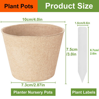 130 Pack Organic Peat Pots, 4 Inch Plant Starter Round Nursery Pot with Drainage Holes, Seedling Nursery Box, Seed Starting Tray, Bulk Garden Germination Paper Pulp Container with 130 Plant Labels