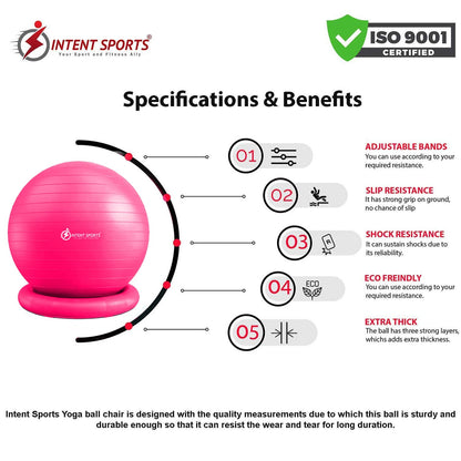 INTENT SPORTS Yoga Ball Chair – Stability Ball with Inflatable Stability Base & Resistance Bands, Fitness Ball for Home Gym, Office, Improves Back Pain, Core, Posture & Balance (65 Cm)