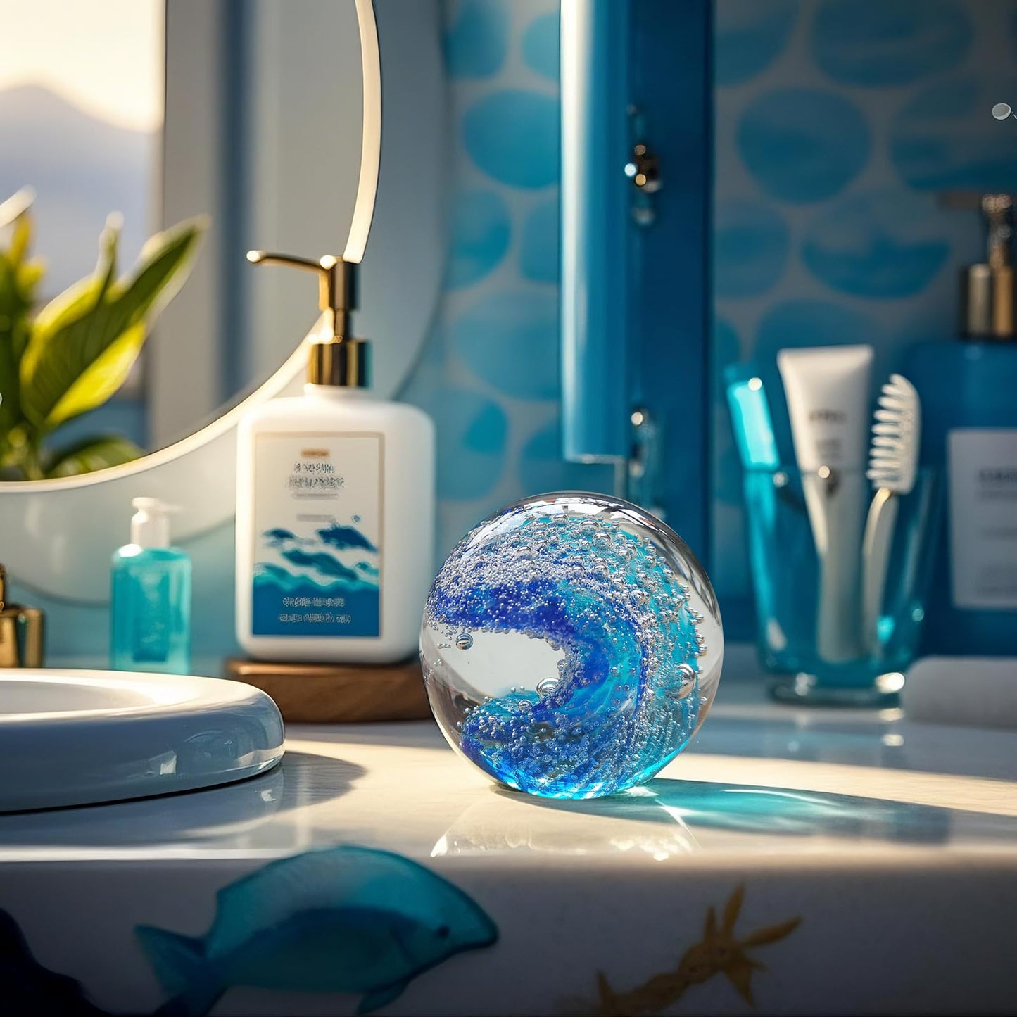 JUYOULE Hand Blown Glass Decorative Balls：Unique Ocean Wave Design, Elegant Paperweights for Office Desk, Coastal Room Decor, Beach Bathroom Decor, Sea Glass Art, Ocean Gift Idea （Blue）