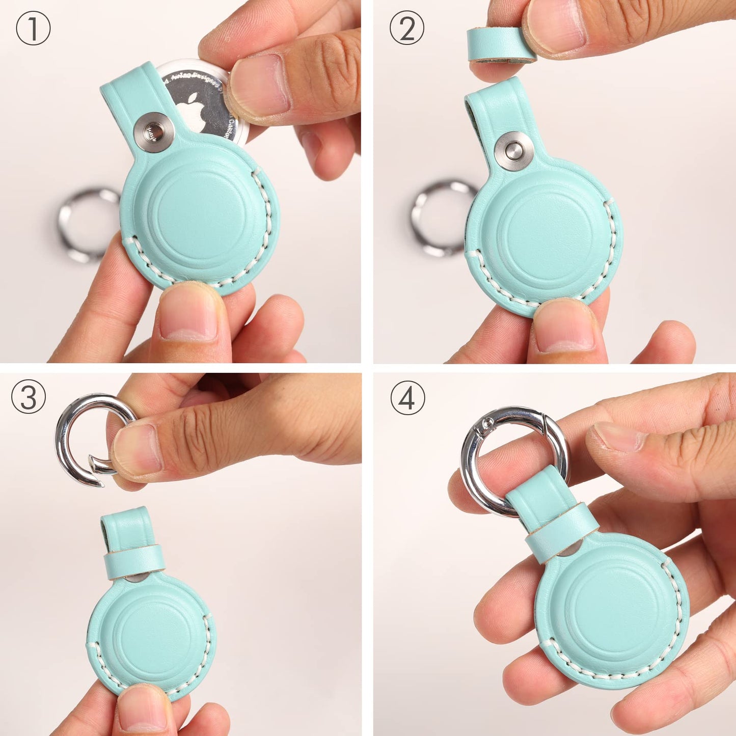 KEEPXYZ Genuine Leather Keychain Holder Compatible with Airtag, Secure for Air Tag Keychain Holder Case Cover Key Chain Ring Accessories - Cyan V1.0