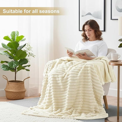 decorUhome Soft Fleece Beige Blanket Queen Size for Bed, Cozy Fluffy Plush Flannel Large Striped Throws for Couch Sofa, Lightweight Decorative Fuzzy Blanket for Woman, 90x90 Inches