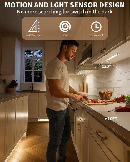 Under Cabinet Lighting 8 inch Rechargeable Battery Operated Motion Sensor Light Wireless Under Counter Lights for Kitchen, Stairs,Hallway (3 Pack)