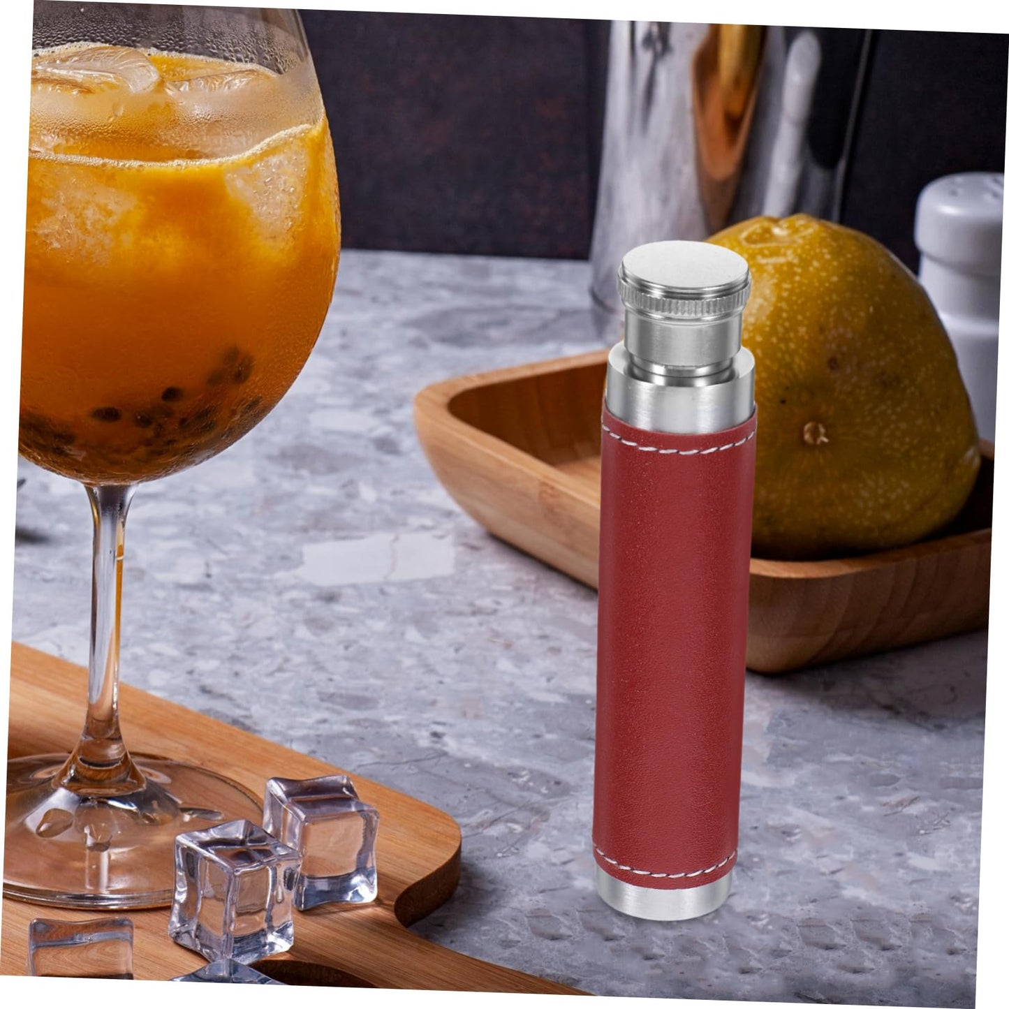 OFFSCH 1pc Stainless Steel Portable Wine Tube Leather Cover Compact Outdoor Wine Flask for Travel Round Base Design for Silver