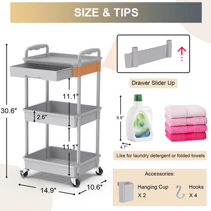 Goovilla 3 Tier Rolling Utility Cart Organizer with Removable Drawer, Stable and Sturdy Black Rolling Storage Carts with 2 Lockable Wheels for Bathroom, Kitchen, Snack, Craft, Makeup, Baby Essentials