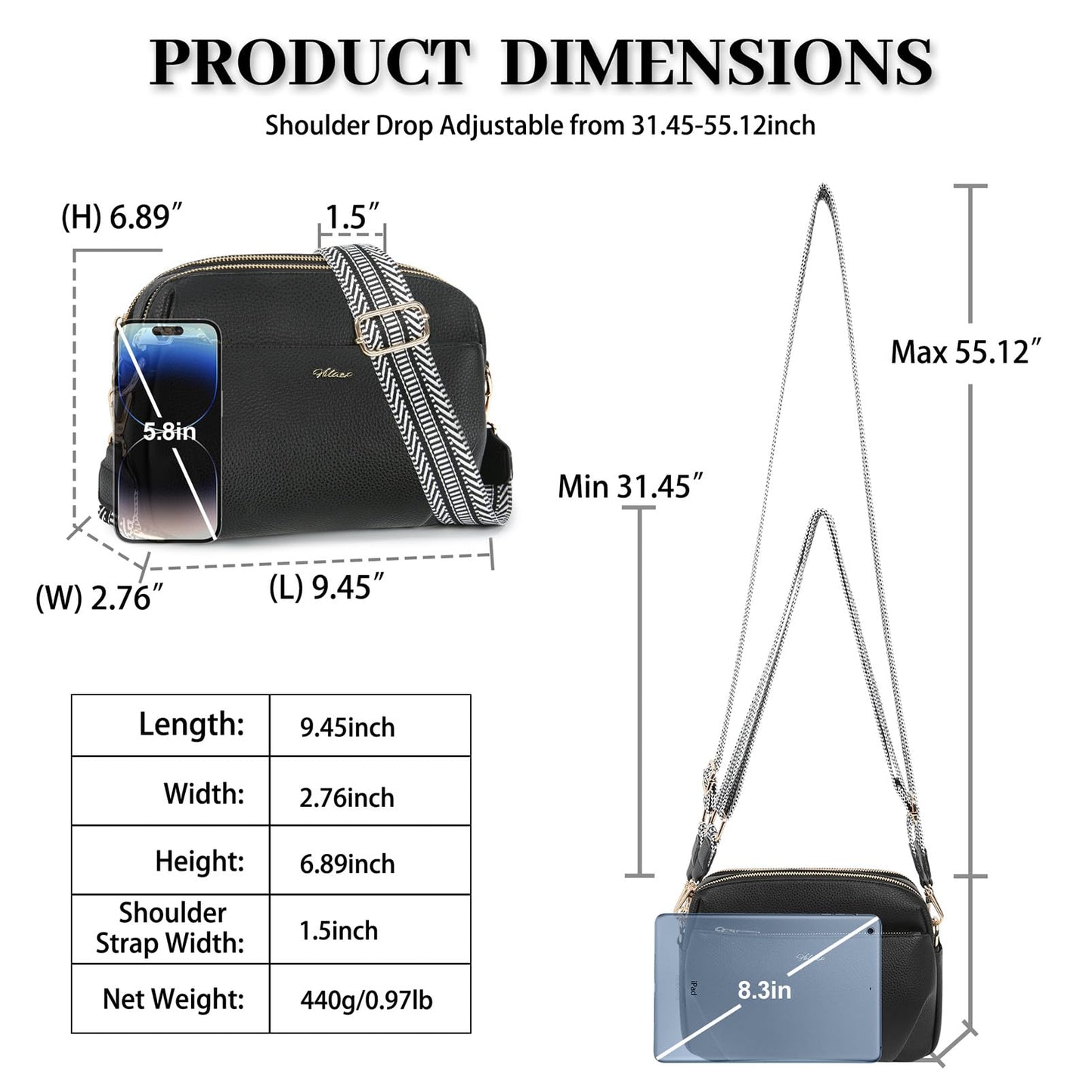 HILAEX Crossbody Bag for Women Leather Purse Anti Theft Multi Pockets Wide Adjustable Strap Shoulder Handbag RFID Blocking Black