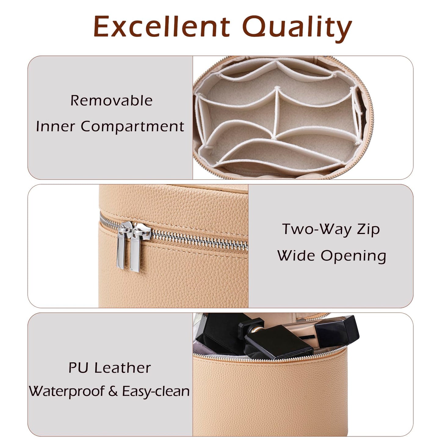 Lestikave Makeup Bag Vanity Case with Divider and Handle, Aesthetic Makeup Bags, Waterproof PU Leather Toiletry Bag for Women Girls, Portable Cosmetic Organizer Bag (04Khaki)