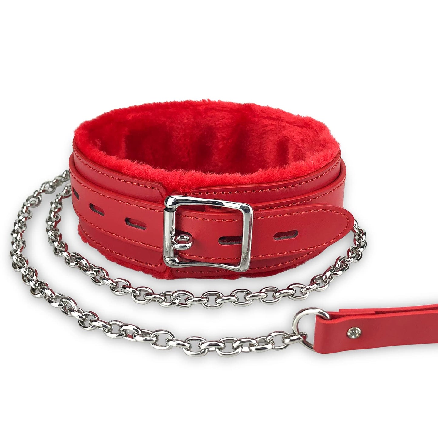 Gothic Leather Choker Collar, PU Leather Fur Lined Pet Collars Necklace with Long and Durable Detachable Leash Chain Pet Collars, Red